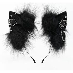 Black Faux Fur Cat Ears Headband Gothic Punk Star Buckle Chain Cosplay Accessory